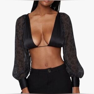DANIELLE BERNSTEIN WeWoreWhat Puff Sleeve Tie Back Top in black size M